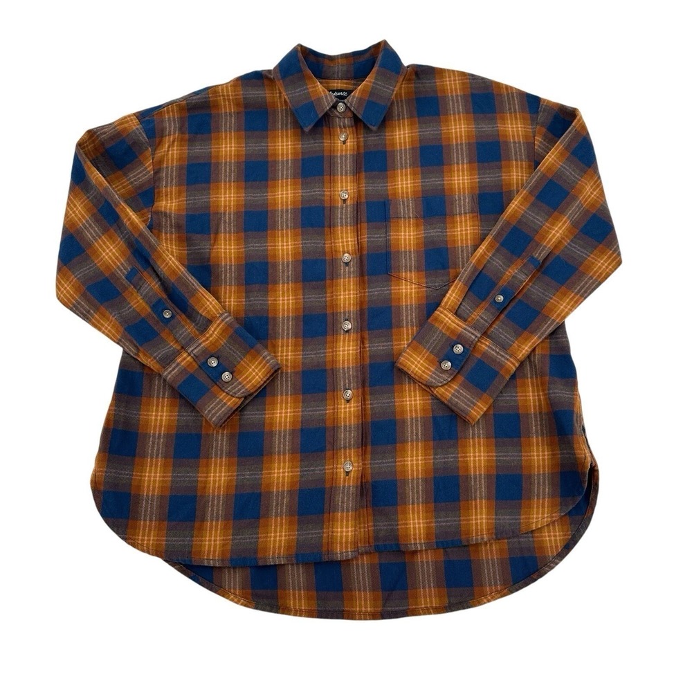 Madewell Womens XS Blue Orange Plaid Flannel Button Down Shirt High Low Soft